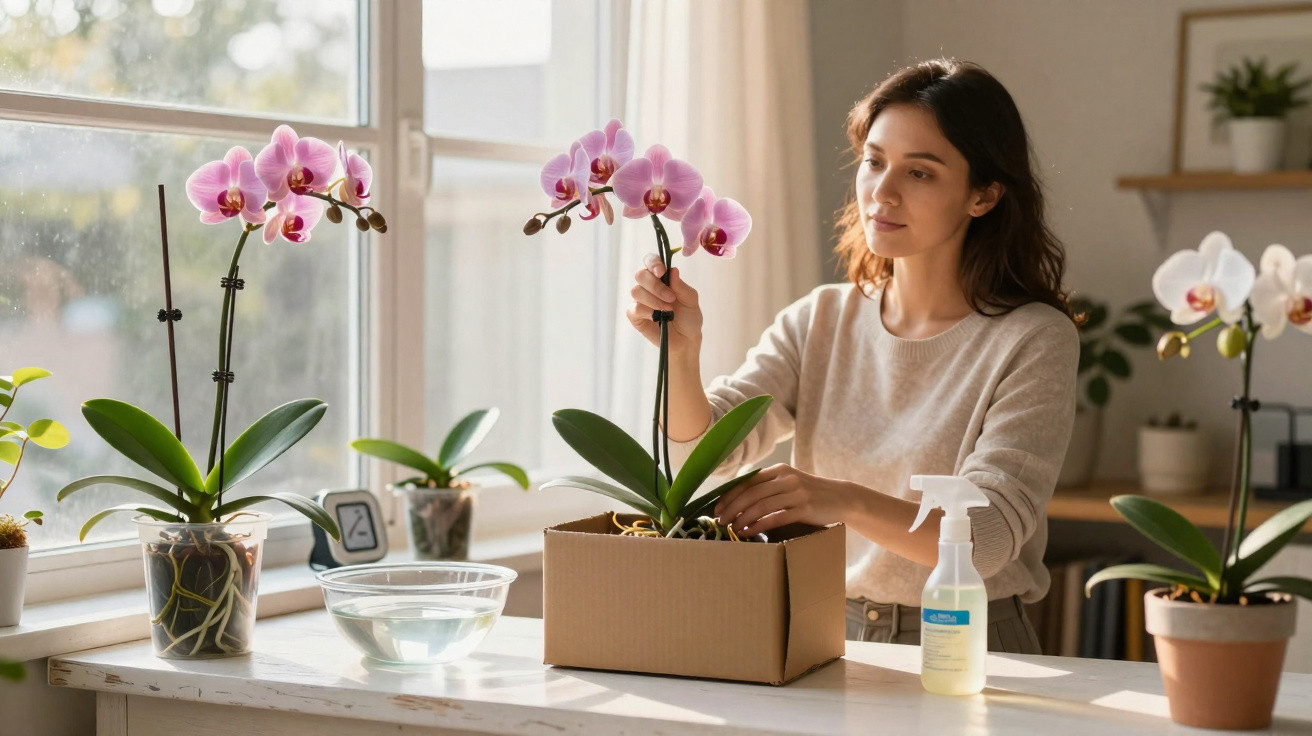 Mulher a cuidar de orquídeas cor-de-rosa numa sala iluminada perto da janela.