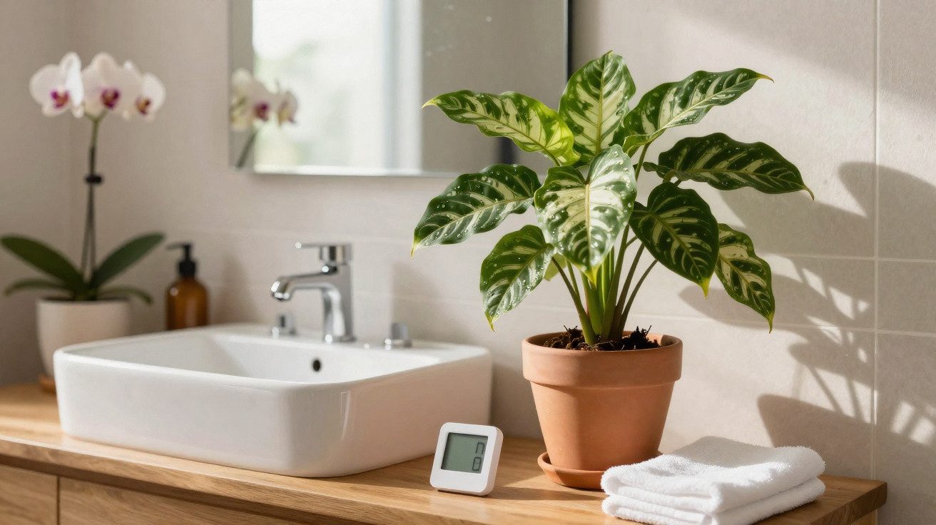 Planta em vaso de barro junto a pia branca, toalhas e termómetro digital numa casa de banho iluminada.