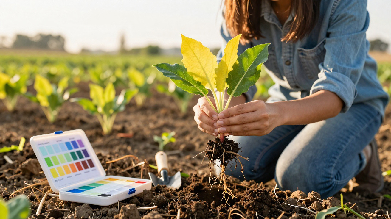 Pessoa a segurar plântula com folhas verdes e amarelas num campo, junto a caixa de cores para análise de solo.