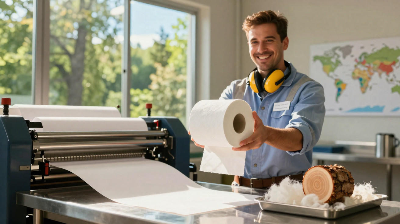 Homem sorridente numa fábrica segurando um rolo grande de papel junto a máquina de produção.