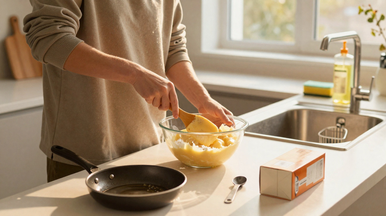 Pessoa a preparar puré de batata numa cozinha moderna, com frigideira e caixa de manteiga na bancada.