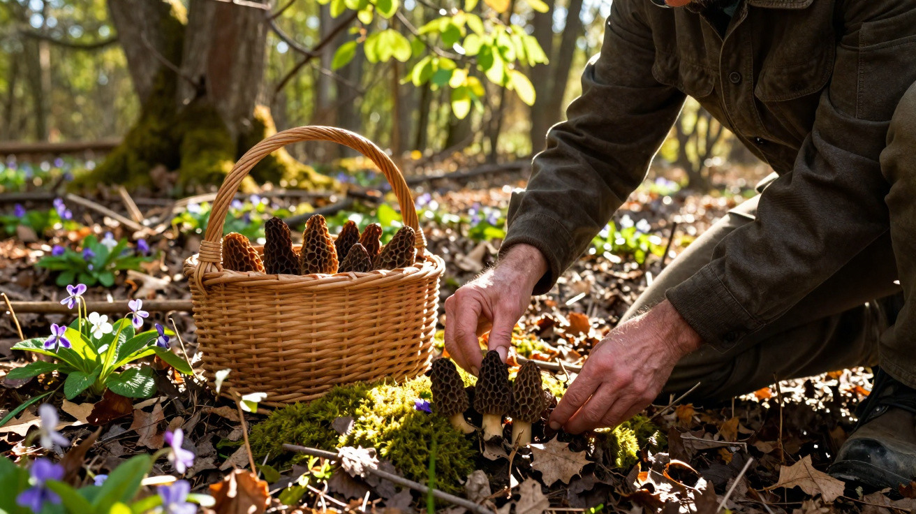 Pessoa a apanhar cogumelos morel numa floresta com cesta cheia de cogumelos ao lado.