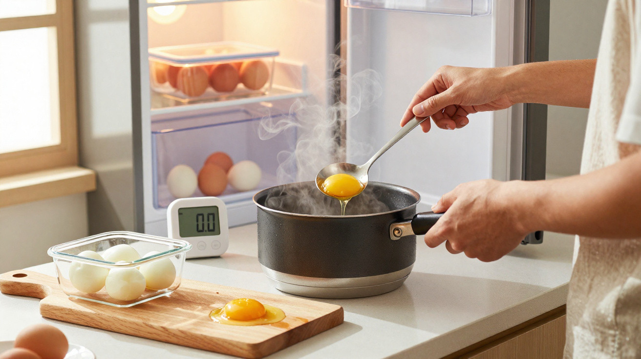 Pessoa a cozinhar ovos com panelas, ovos cozidos e ovo cru numa tábua numa cozinha iluminada.