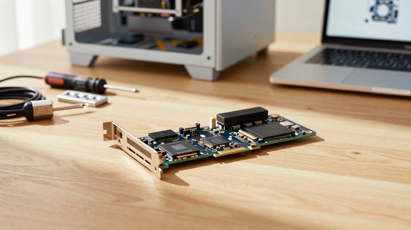 Placa eletrónica para computador sobre mesa de madeira com ferramentas, portátil e torre de PC ao fundo.