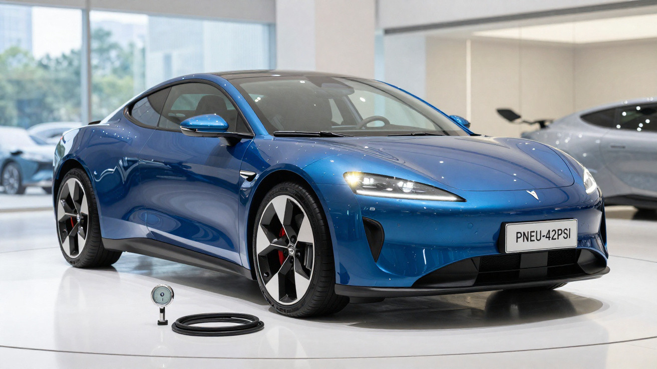 Carro elétrico azul estacionado em loja com indicador e cabo para controlo da pressão dos pneus.