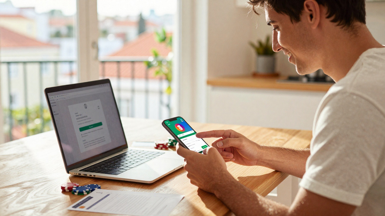Homem sentado numa mesa a usar smartphone com laptop aberto e fichas de poker ao lado, em ambiente luminoso.