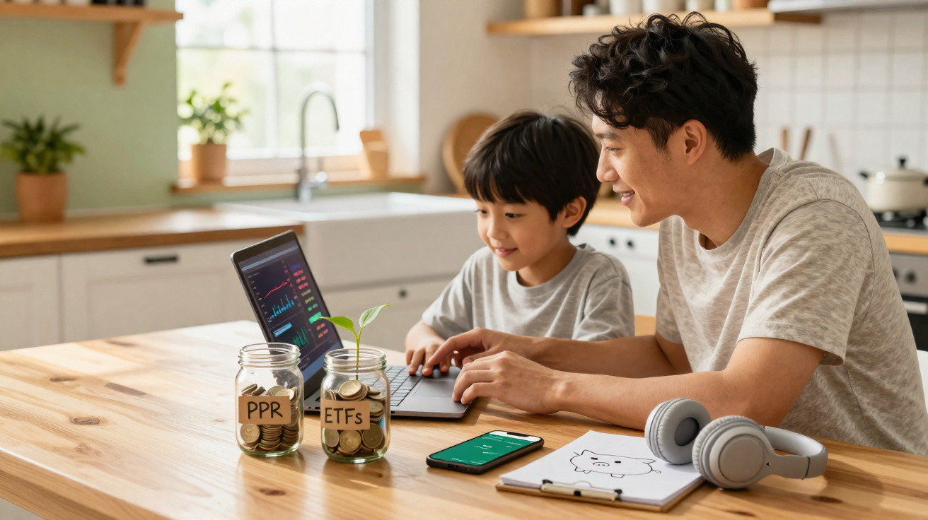 Pai e filho a aprender sobre investimentos em bolsa com computador e frascos de moedas rotulados na cozinha.
