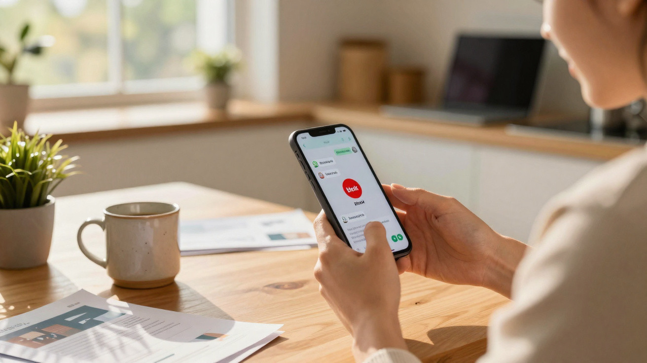 Pessoa a usar smartphone numa mesa com documentos, caneca e planta em ambiente de escritório doméstico.