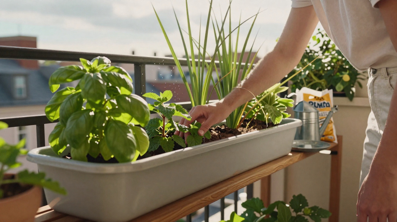 Pessoa a cuidar de plantas em vaso retangular num varandim com céu e edifícios ao fundo.