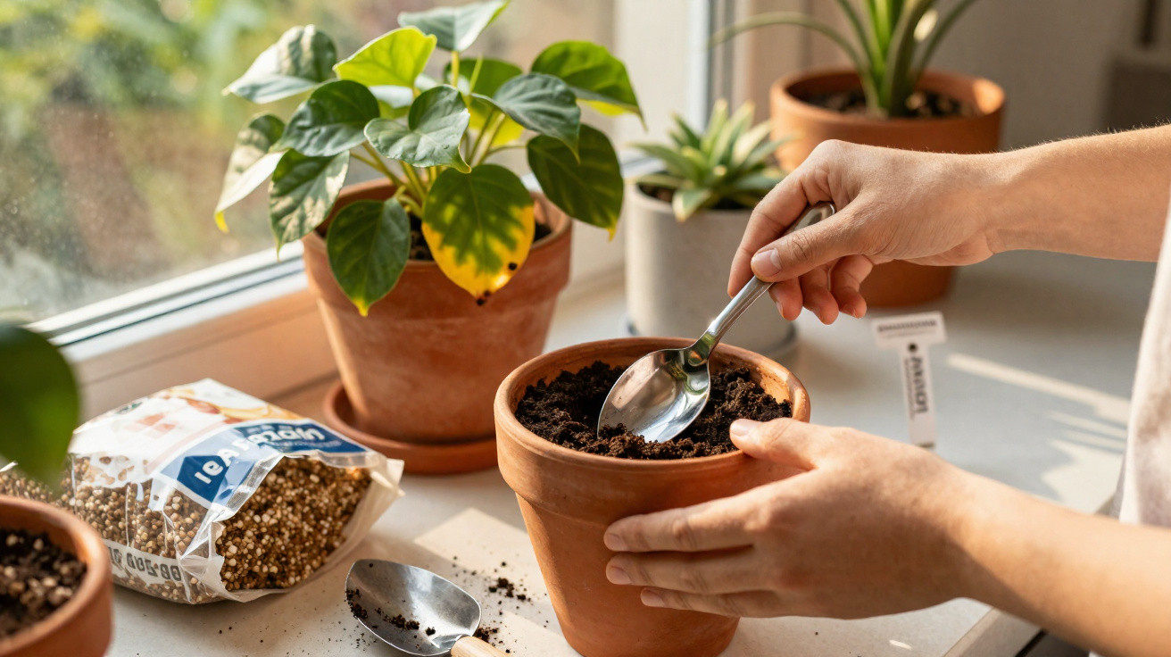 Pessoa a colocar terra num vaso de barro numa janela, rodeada de outras plantas e saco de sementes.