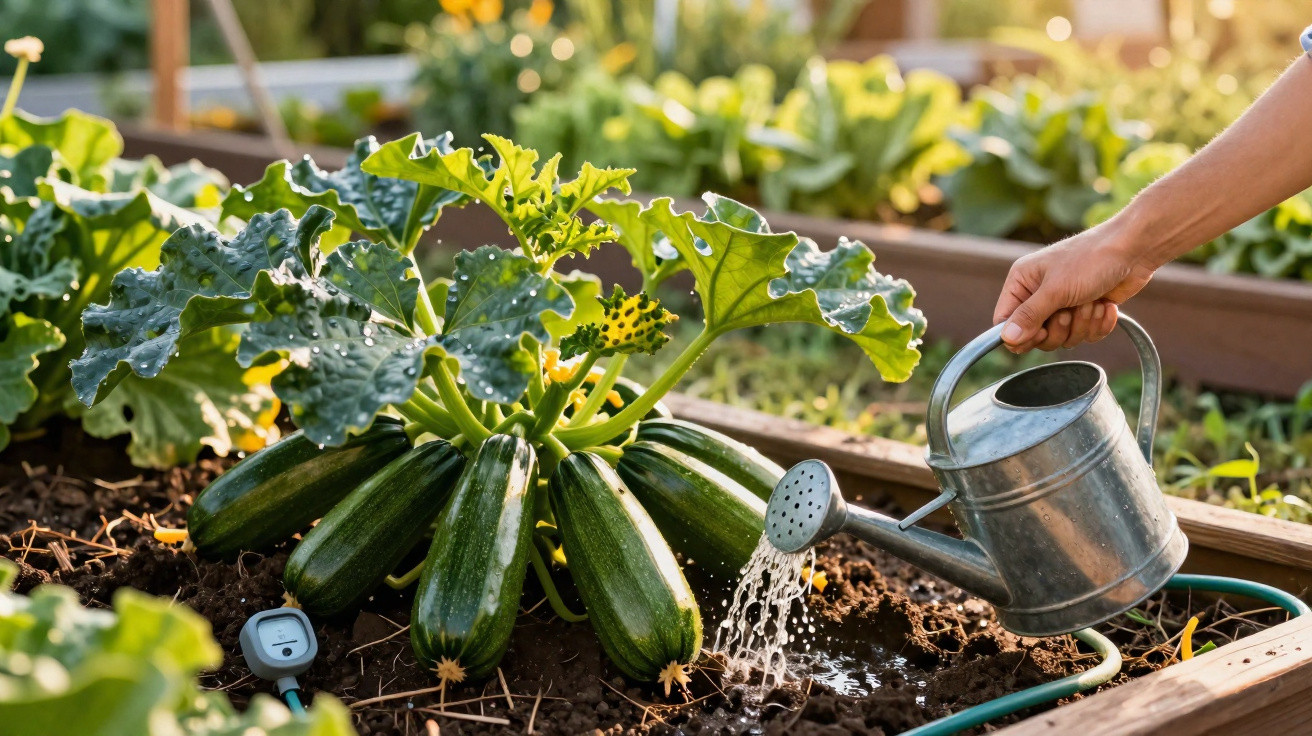 Pessoa a regar plantas de curgete num canteiro de jardim com regador metálico ao entardecer.
