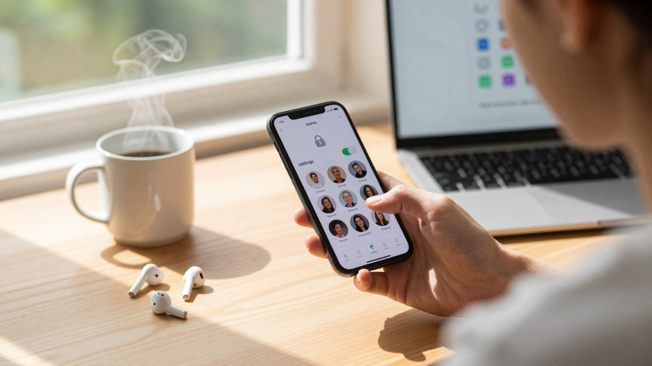 Pessoa a usar smartphone com app de contactos, ao lado de computador portátil, auscultadores e chá quente.