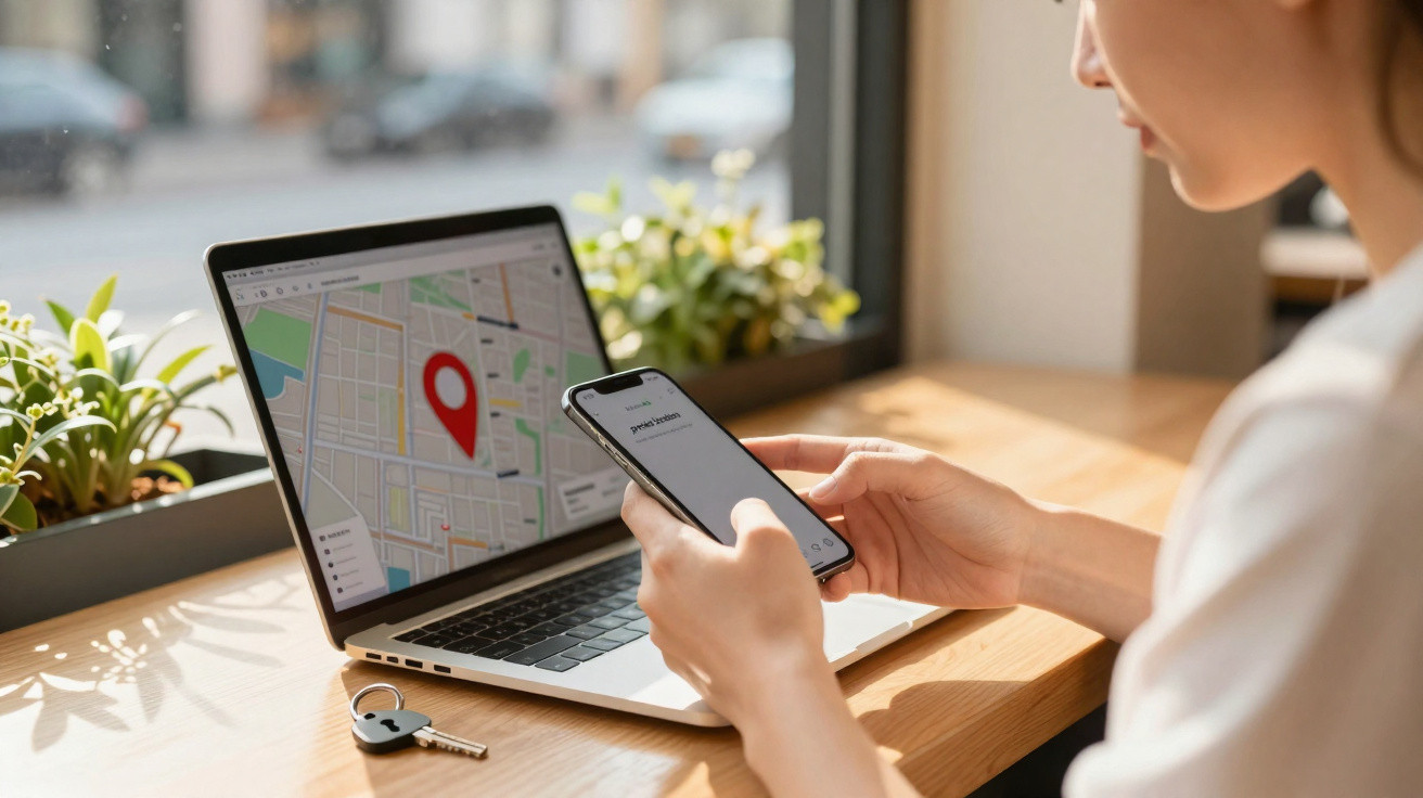 Pessoa a usar smartphone com aplicação de localização enquanto um mapa com marcador vermelho está aberto num portátil num caf