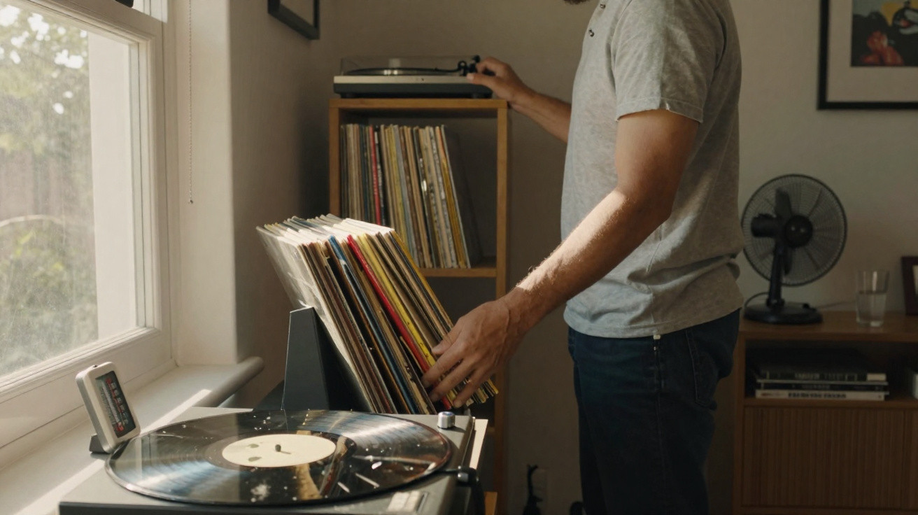 Pessoa a escolher discos de vinil numa estante para tocar num gira-discos junto a uma janela.