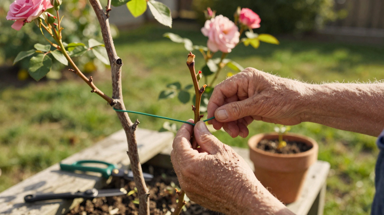 Mãos envelhecidas a amarrar uma vara de roseira com fio verde num vaso ao ar livre.