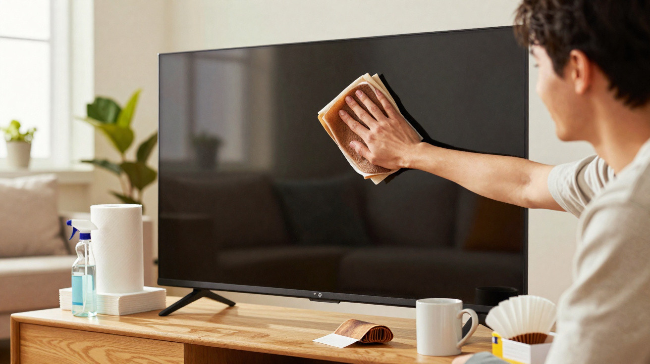 Pessoa a limpar ecrã de televisão plana com pano num ambiente acolhedor e iluminado.