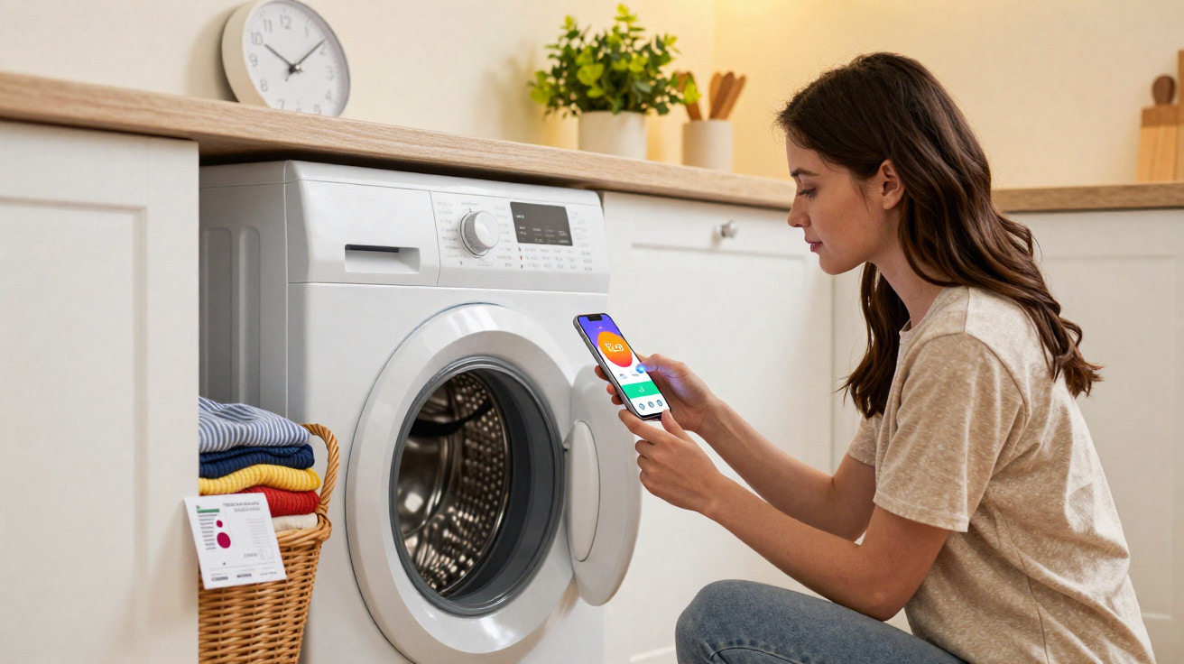 Mulher a usar telemóvel para controlar máquina de lavar roupa branca numa cozinha moderna.