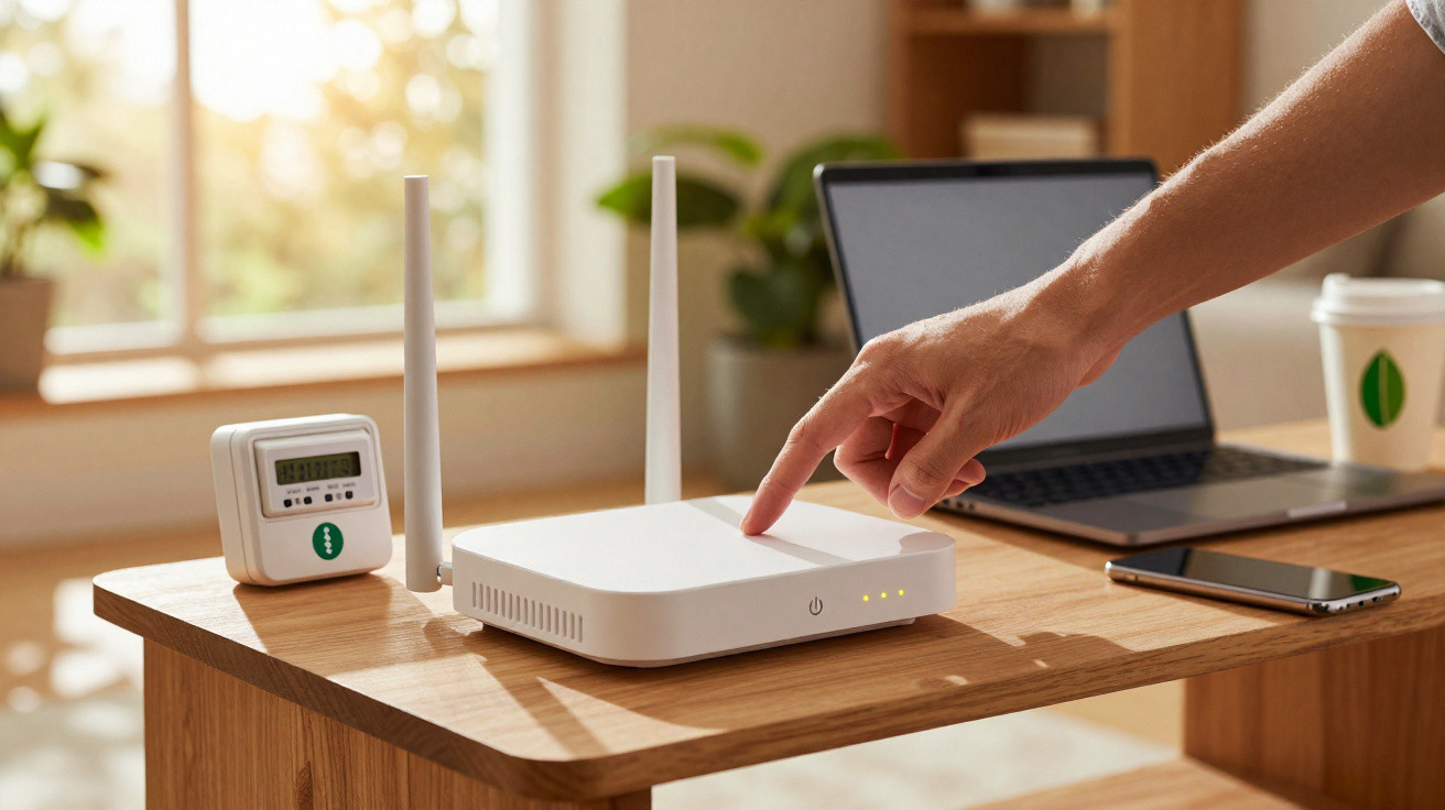 Pessoa a ligar ou desligar router Wi-Fi numa mesa com laptop, telemóvel e regador digital.