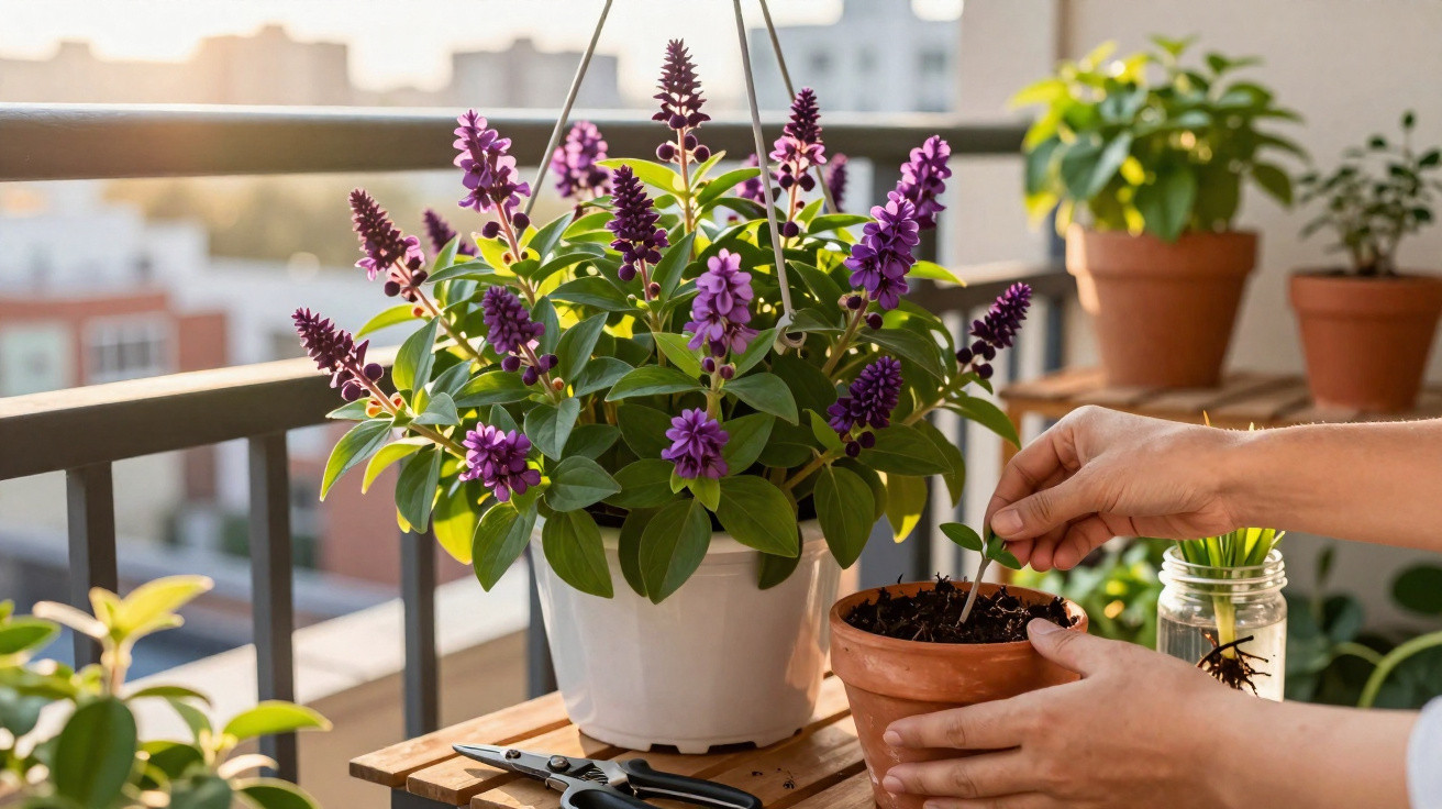 Mãos a transplantar uma planta jovem em vaso de barro num terraço com flores roxas num recipiente branco.