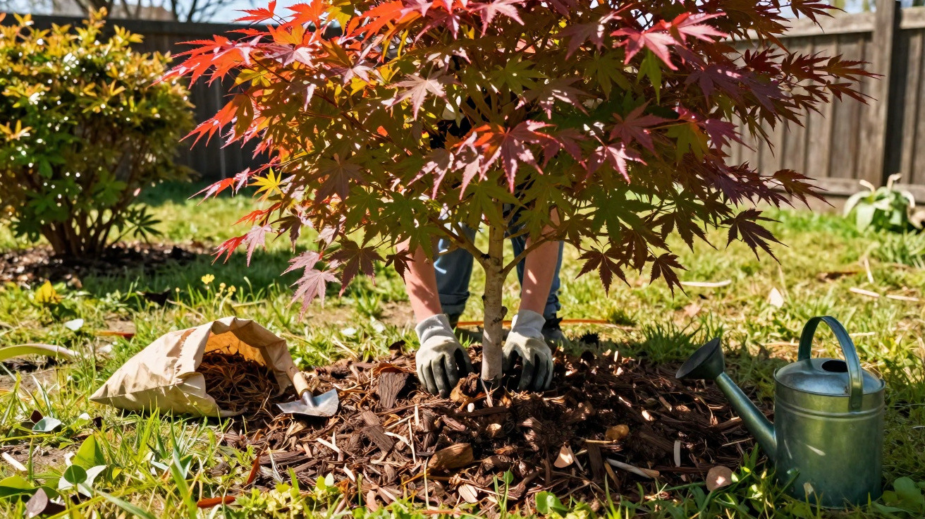 Pessoa a plantar árvore de folhas vermelhas num jardim com regador e saco de terra ao lado.