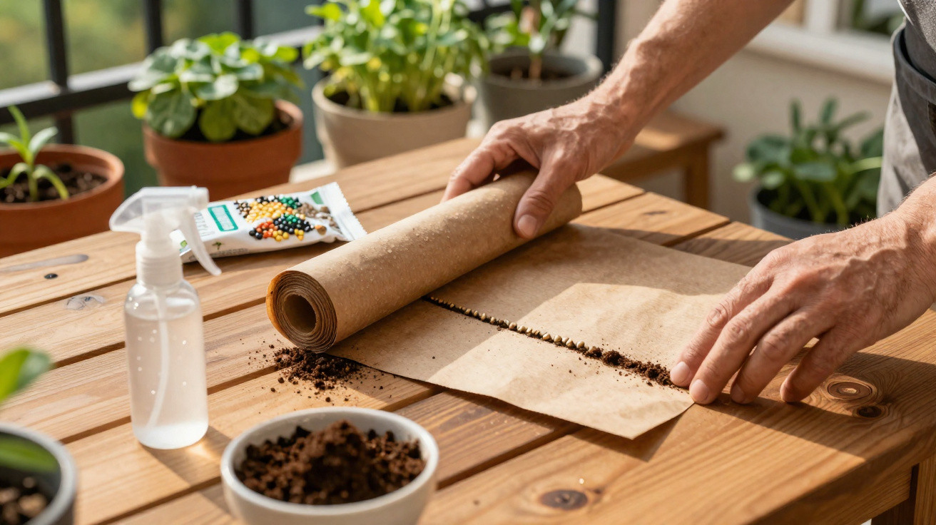 Mãos a enrolar um papel de plantação com terra em cima de uma mesa de madeira ao lado de frascos e vasos de plantas.
