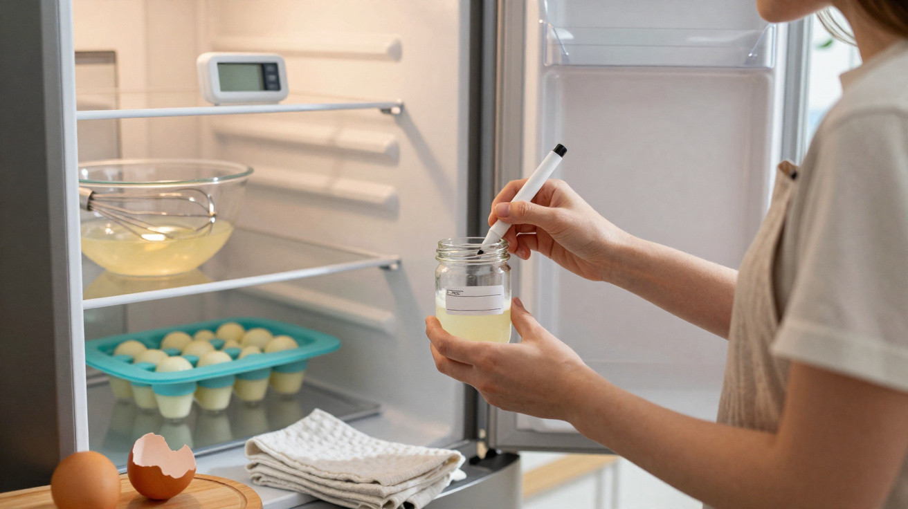 Pessoa a etiquetar frasco com líquido dentro de frigorífico com ovos e utensílios de cozinha.