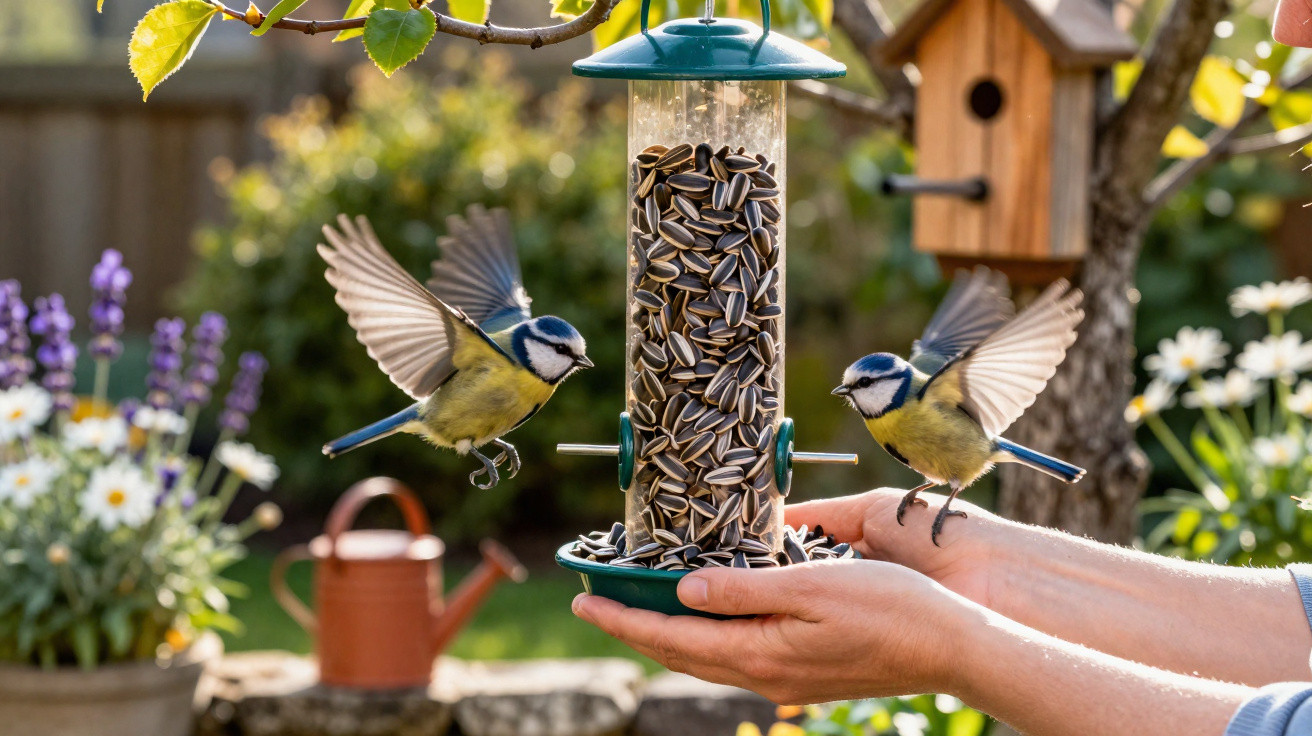 Duas aves azuis pousam num alimentador de sementes segurado por mãos num jardim florido ao fundo.