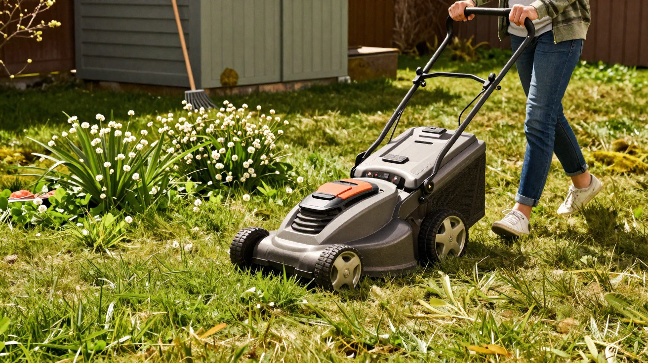 Pessoa a cortar relva alta num jardim com cortador de relva cinzento e preto.
