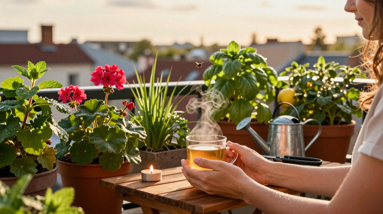 Pessoa a segurar chá quente numa varanda com plantas em vasos e um regador ao pôr do sol.