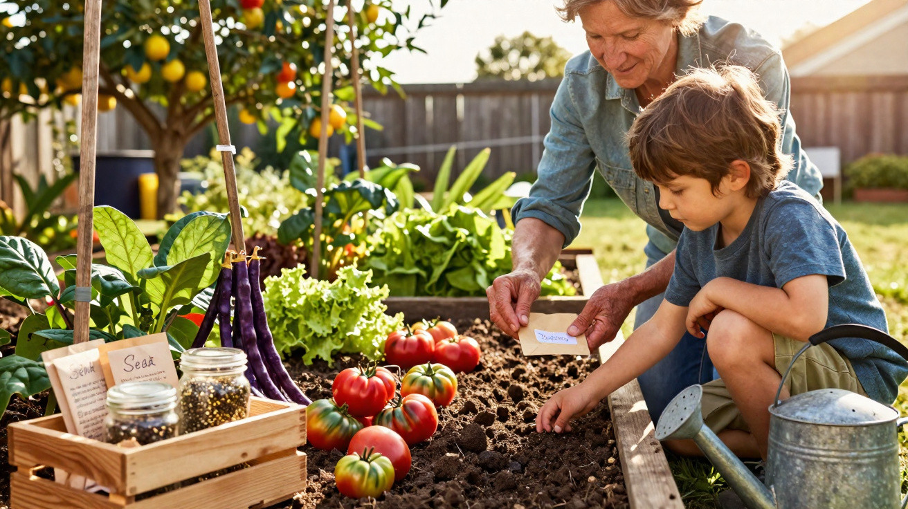 Criança e idosa plantam sementes num canteiro de horta com tomates e legumes ao ar livre.