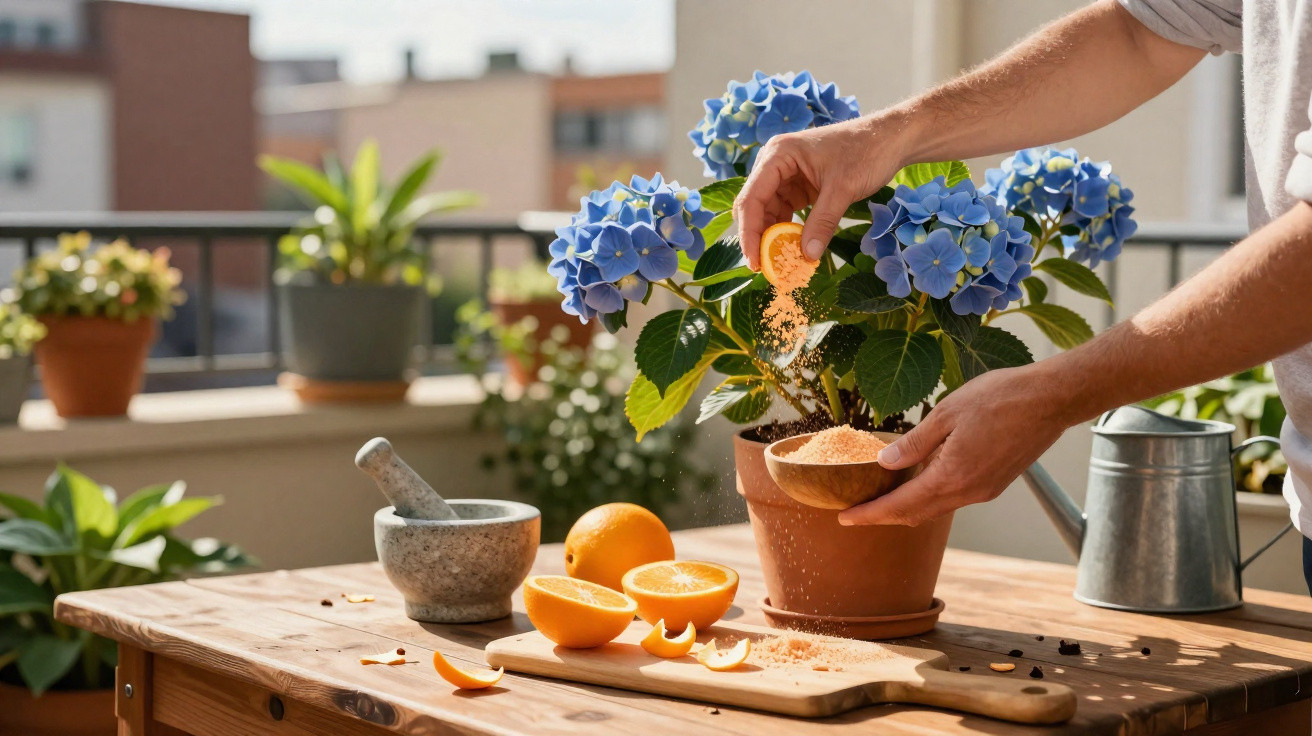 Pessoa a adubar uma planta de hortênsia azul num vaso, com limões cortados e utensílios de jardinagem numa madeira.