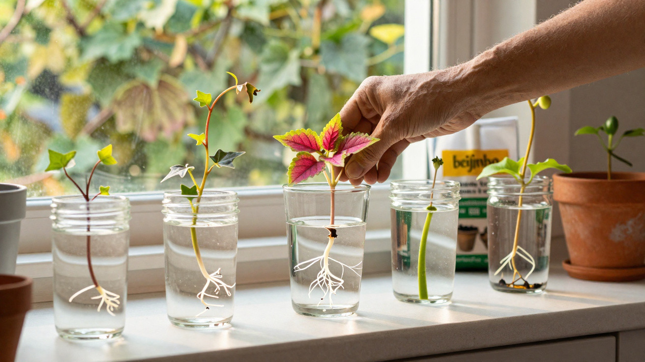 Mão a transplantar planta com raízes em água, ao lado de outras plantas em copos na janela iluminada.