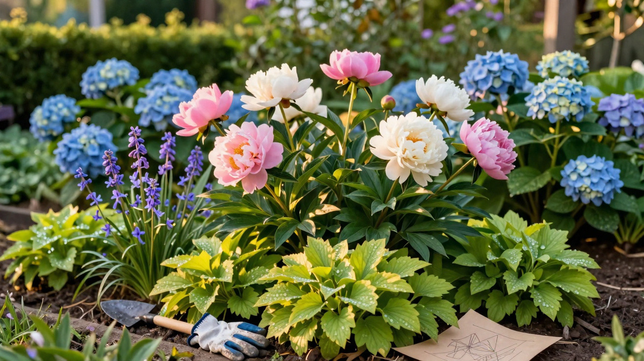 Jardim florido com peónias cor-de-rosa e brancas, hortênsias azuis e ferramentas de jardinagem no chão.