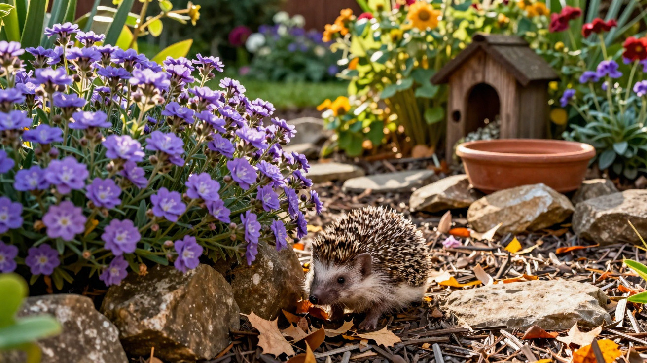 Ouriço-cacheiro entre flores roxas e pedras num jardim ensolarado com casinha de madeira ao fundo.