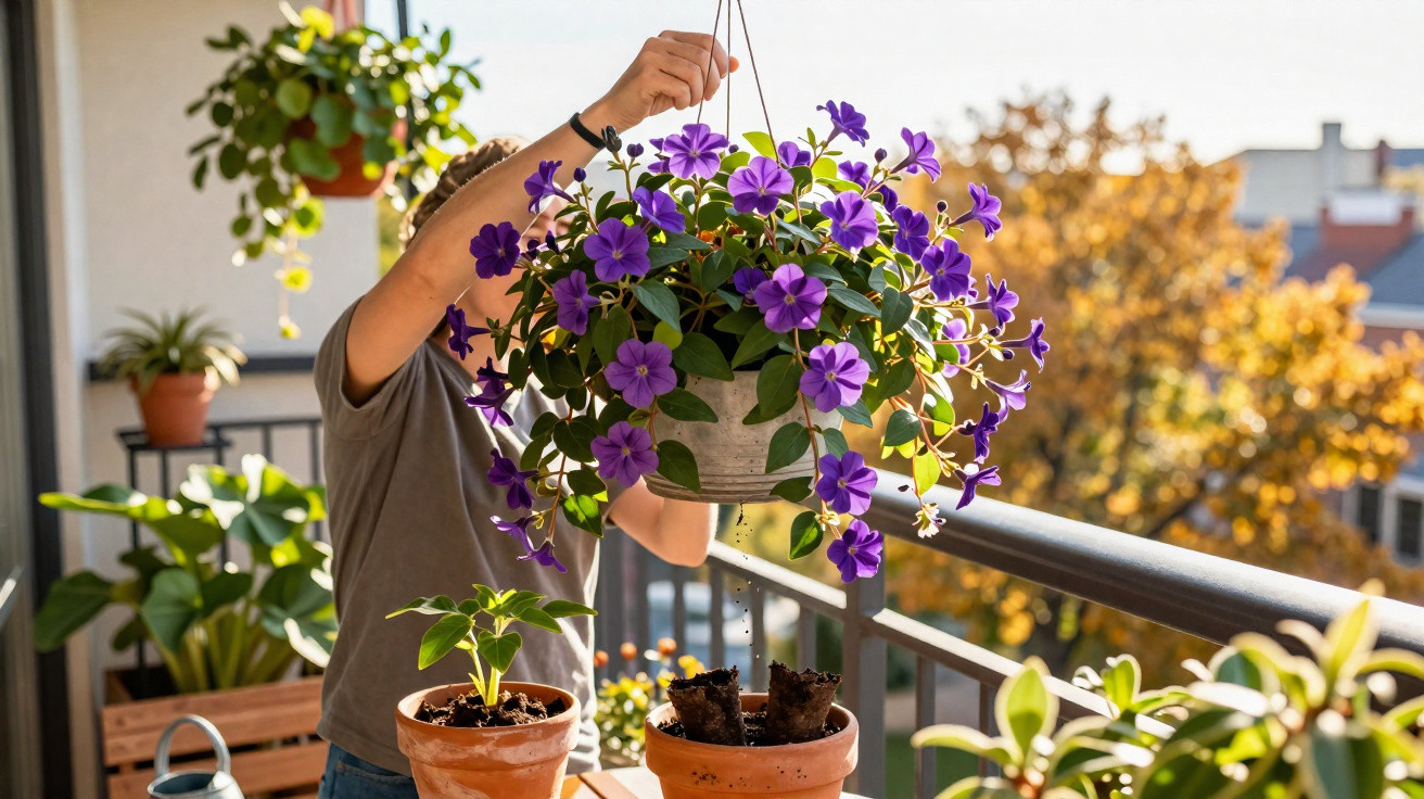 Pessoa a cuidar de planta com flores roxas num vaso suspenso numa varanda ensolarada com outras plantas.