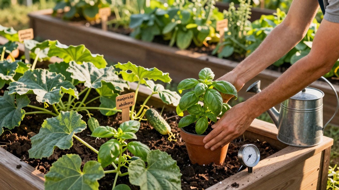 Mãos a plantar manjericão num vaso num canteiro de madeira com várias plantas e regador metálico.