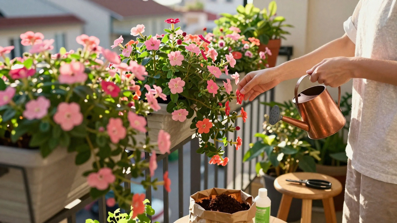 Pessoa a cuidar e regar flores cor-de-rosa num balcão de varanda em dia solarengo.