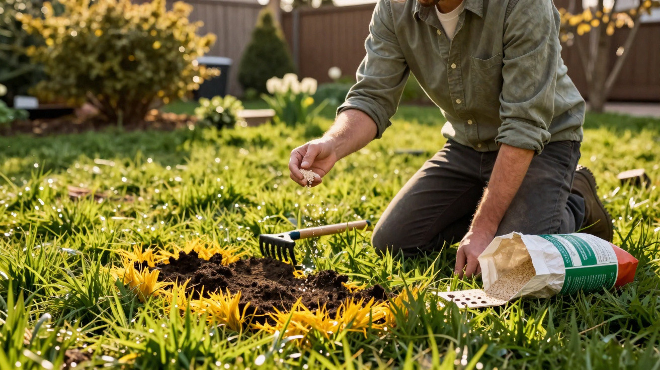 Homem a semear flores num jardim com sol e ferramentas de jardinagem à volta.