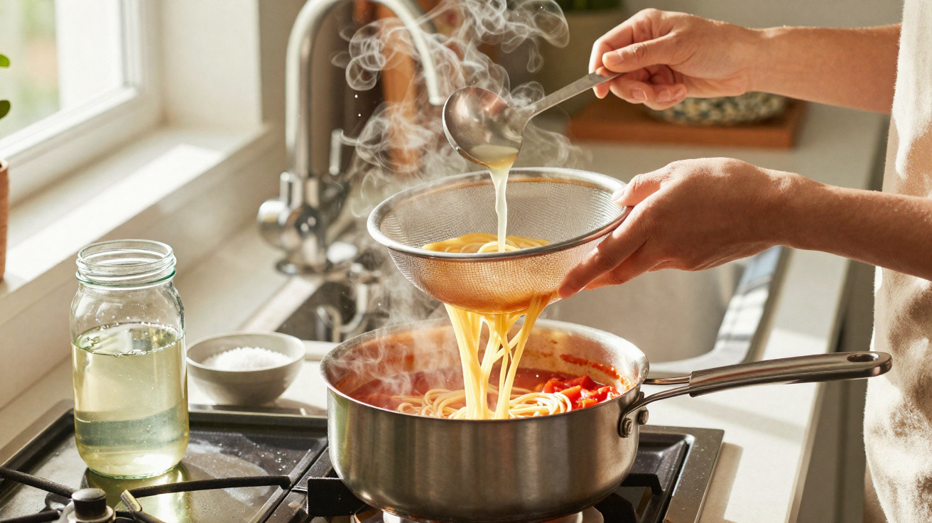 Pessoa a escorrer esparguete cozinhado numa panela com molho vermelho numa cozinha iluminada.