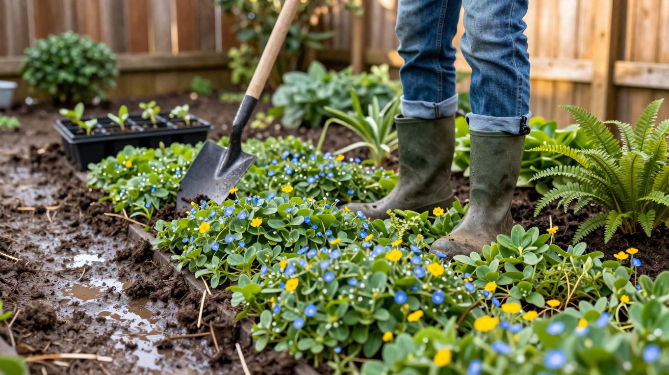 Pessoa com botas de borracha a cultivar flores azuis e amarelas num jardim com terra húmida.