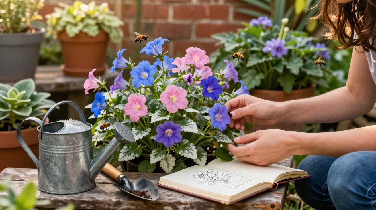 Pessoa a cuidar de flores azuis e cor-de-rosa num vaso, perto de regador, pá e livro de plantas.