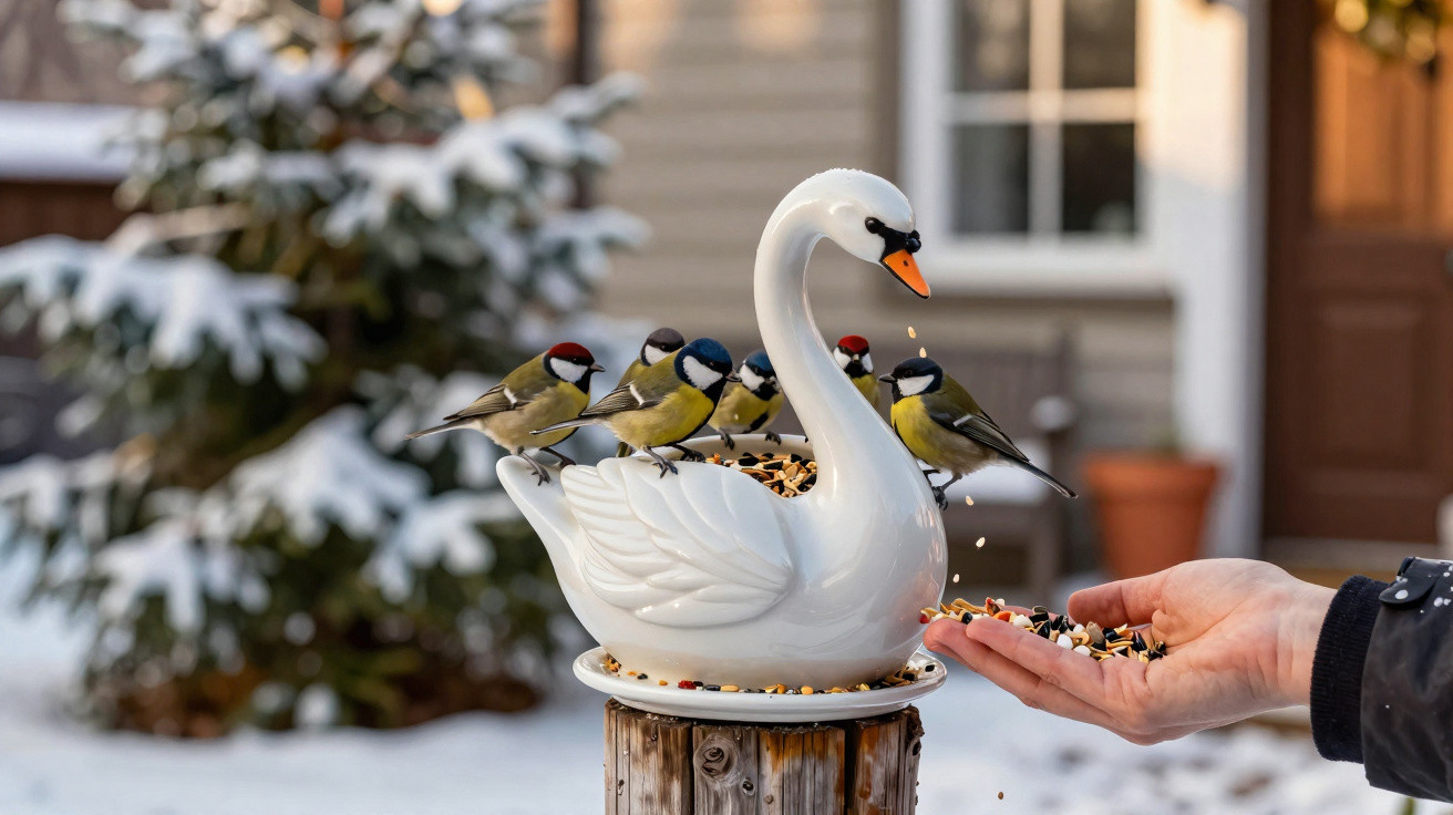 Pássaros coloridos alimentam-se numa decoração de cisne branco ao ar livre com neve e mão humana a oferecer comida.