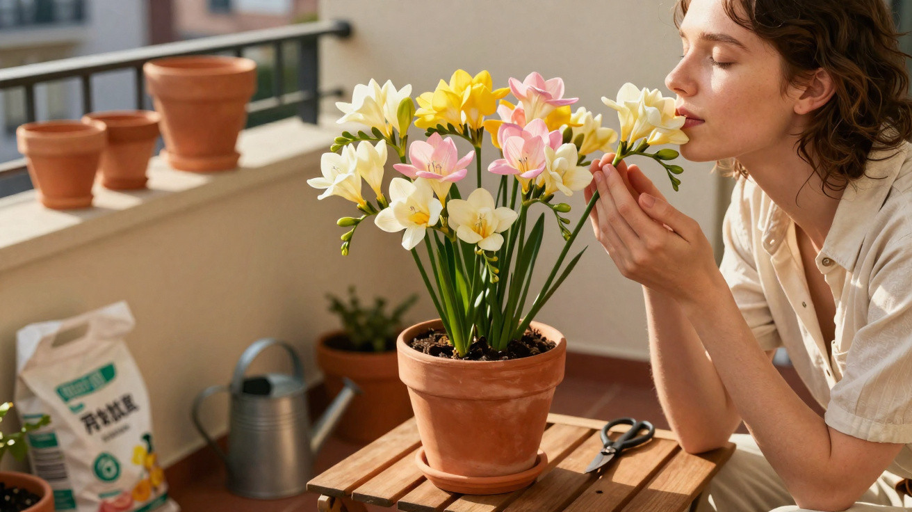 Mulher cheira flores coloridas num vaso de barro numa varanda ensolarada com utensílios de jardinagem.