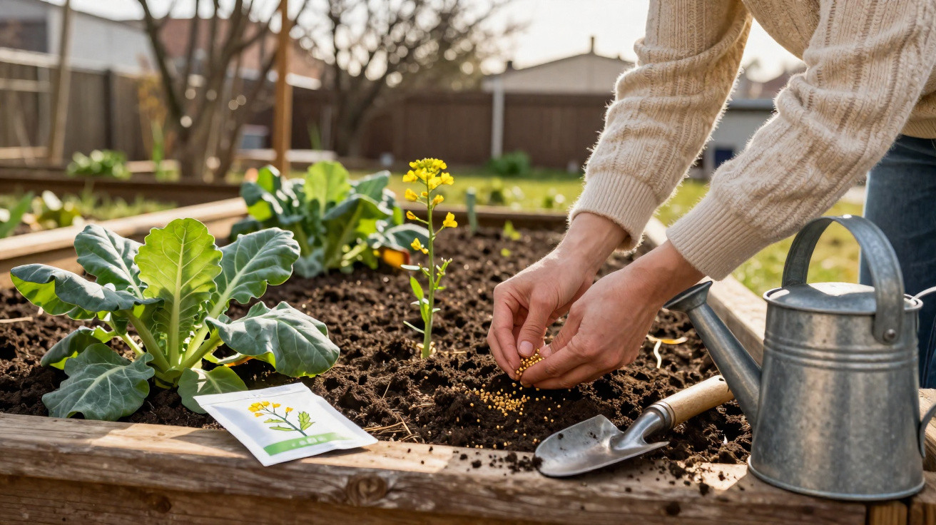 Pessoa a semear pequenas sementes em canteiro com plantas verdes e ferramentas de jardinagem.