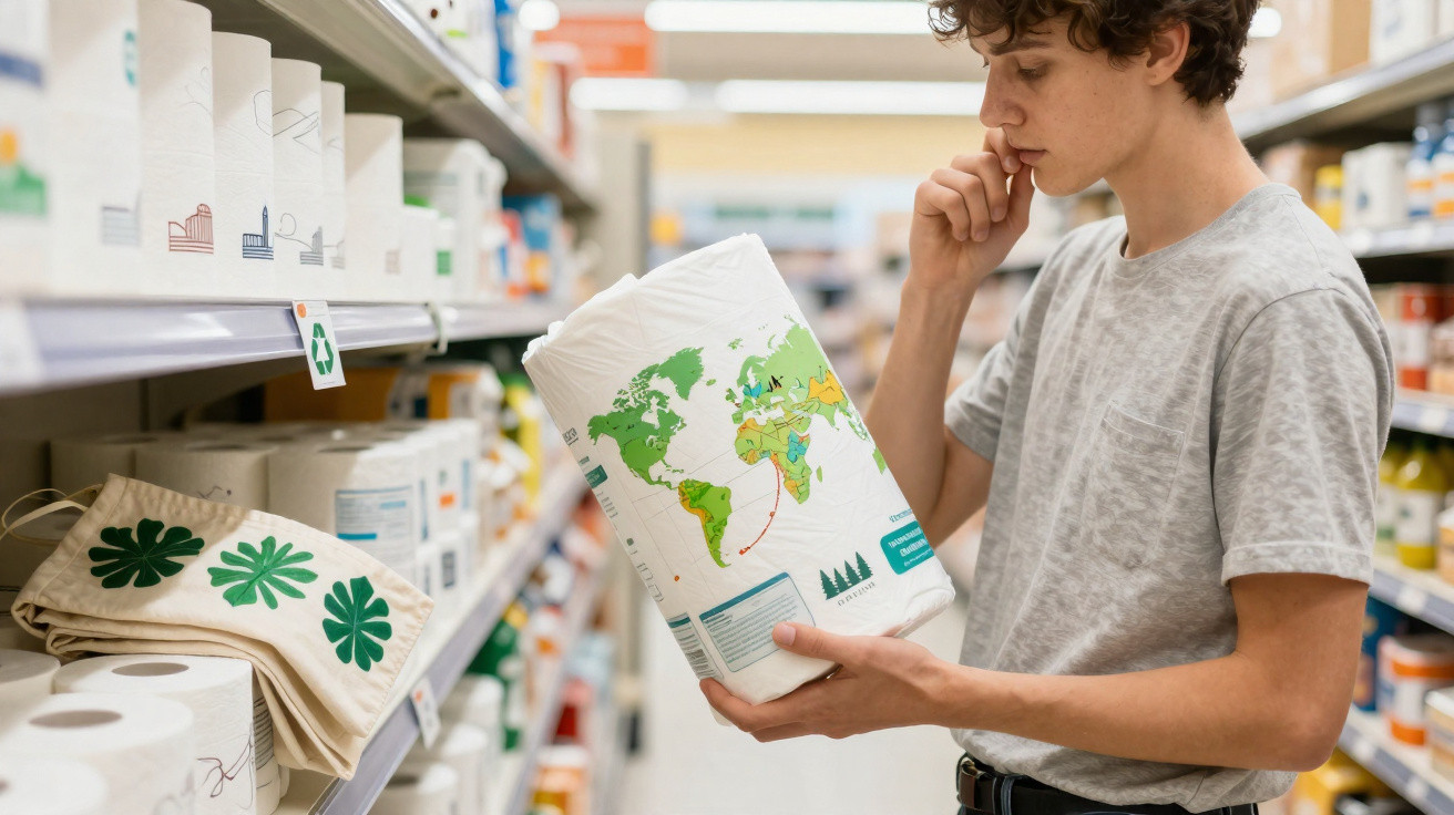 Jovem a analisar embalagem de papel higiénico sustentável numa prateleira de supermercado.