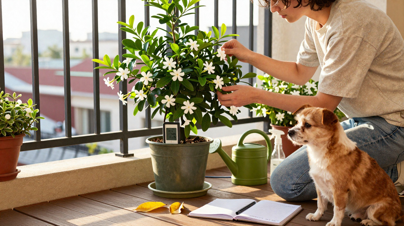 Pessoa a cuidar de planta com flores brancas numa varanda, com cão sentado ao lado e caderno aberto no chão.
