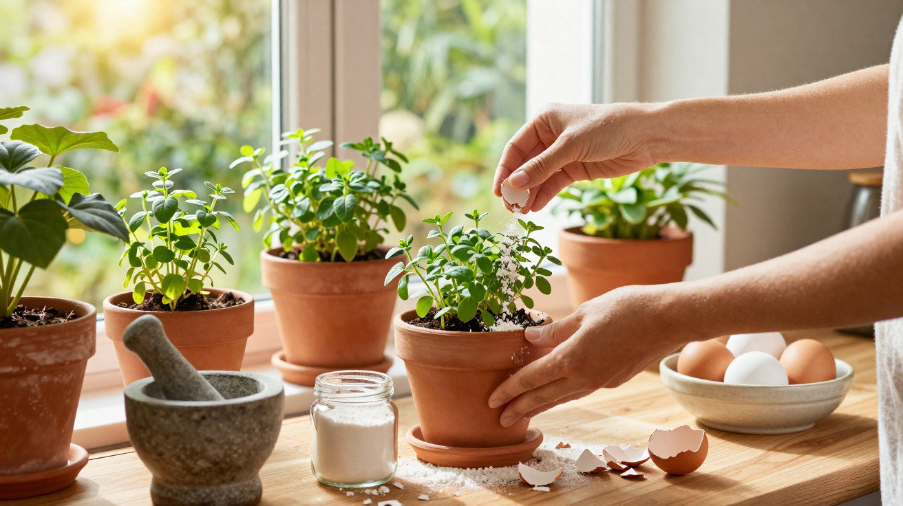 Mãos a fertilizar planta em vaso de barro ao sol na janela, com ovos e almofariz na bancada de madeira.