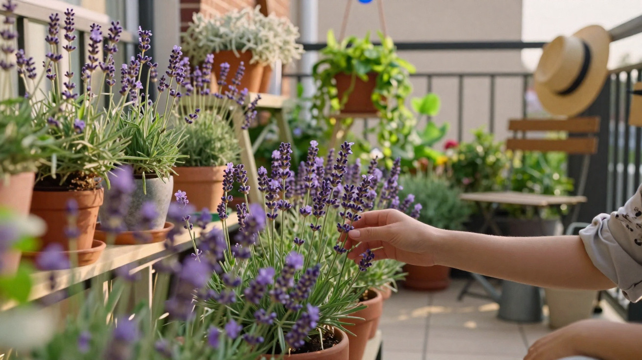 Mão a tocar flores de lavanda num terraço com várias plantas em vasos e uma cadeira de madeira ao fundo.