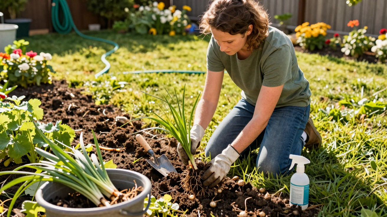 Mulher a plantar cebolinhas numa horta doméstica com luvas, rodeada de flores e ferramentas de jardinagem.