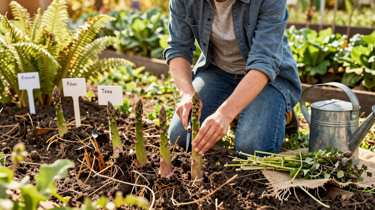 Pessoa a colher espargos num jardim com regador e plantas ao redor numa manhã soalheira.